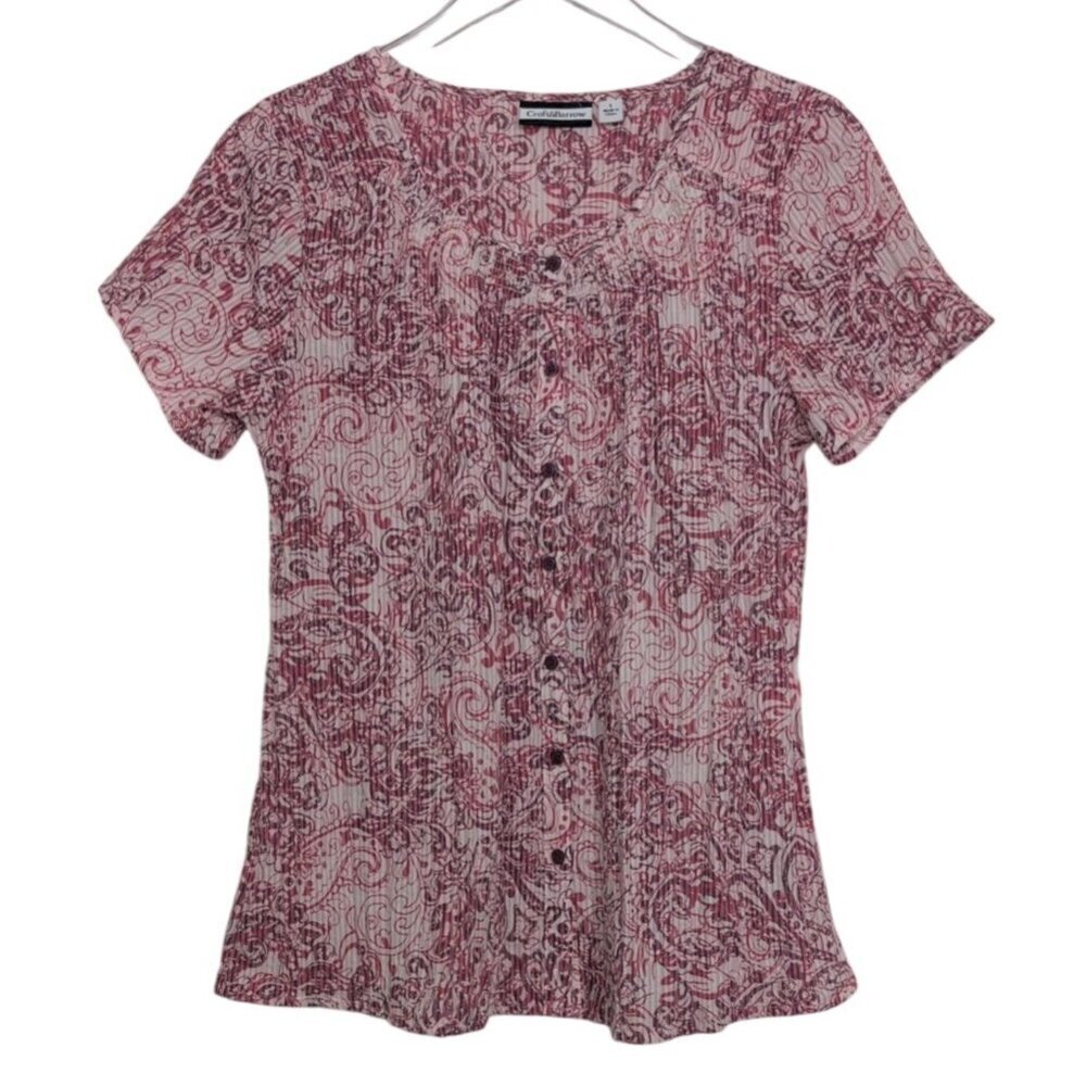 Croft & Barrow Paisley Crinkle Shirt Womens Size Large Pink Boho Short Sleeve